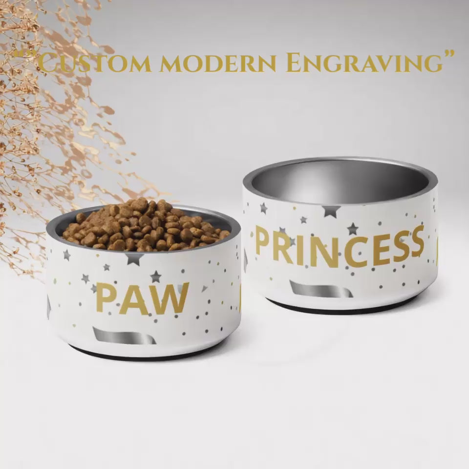 Luxury Stainless Steel Dog Bowl, Modern Pattern, “PAW”, Color Gold, 18 and 32 oz.