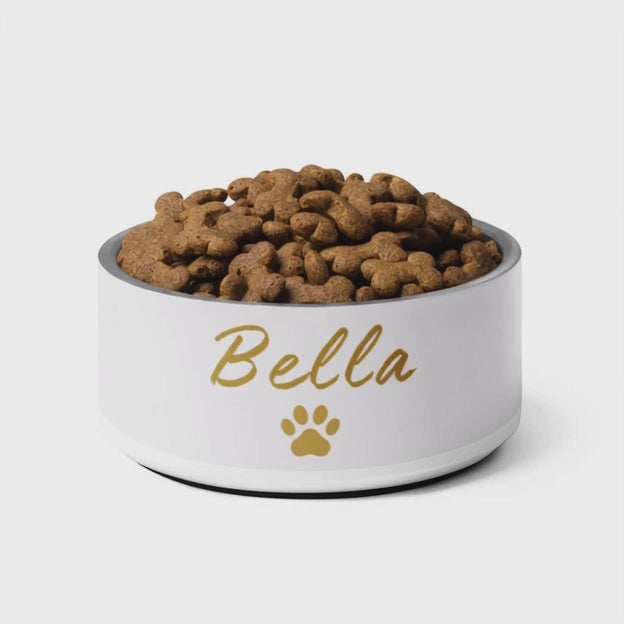 Custom Name Pet Bowl set, Ivory Whisper & Gold,Bella, 18 oz and 32 oz.