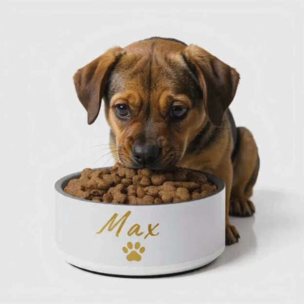 Custom Name Pet Bowl, Ivory Whisper & Gold,Max, 18 oz and 32 oz.