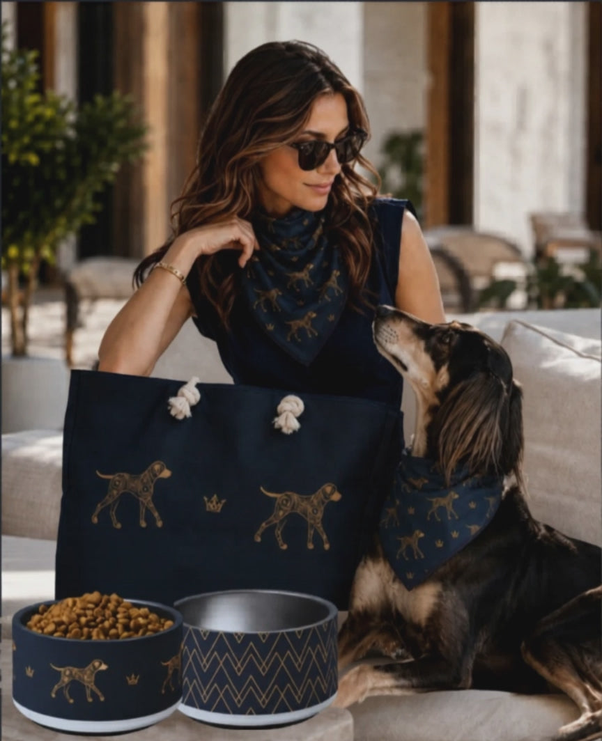 Luxe Matching Bandana, Dog Illustration - Crown, Navy and Gold, S, M & L