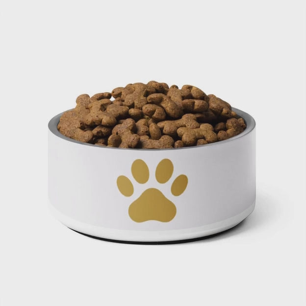 Custom Pet Bowl, Ivory Whisper & Gold, Paw, 18 oz and 32 oz.