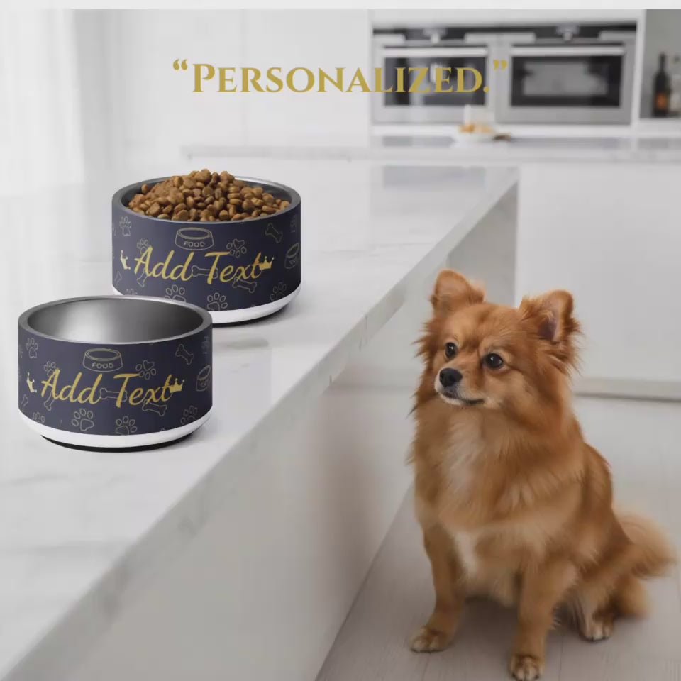 Personalized Luxury Dog Bowl Stainless Steel: Blue with Gold Crown Pattens, 18 oz.