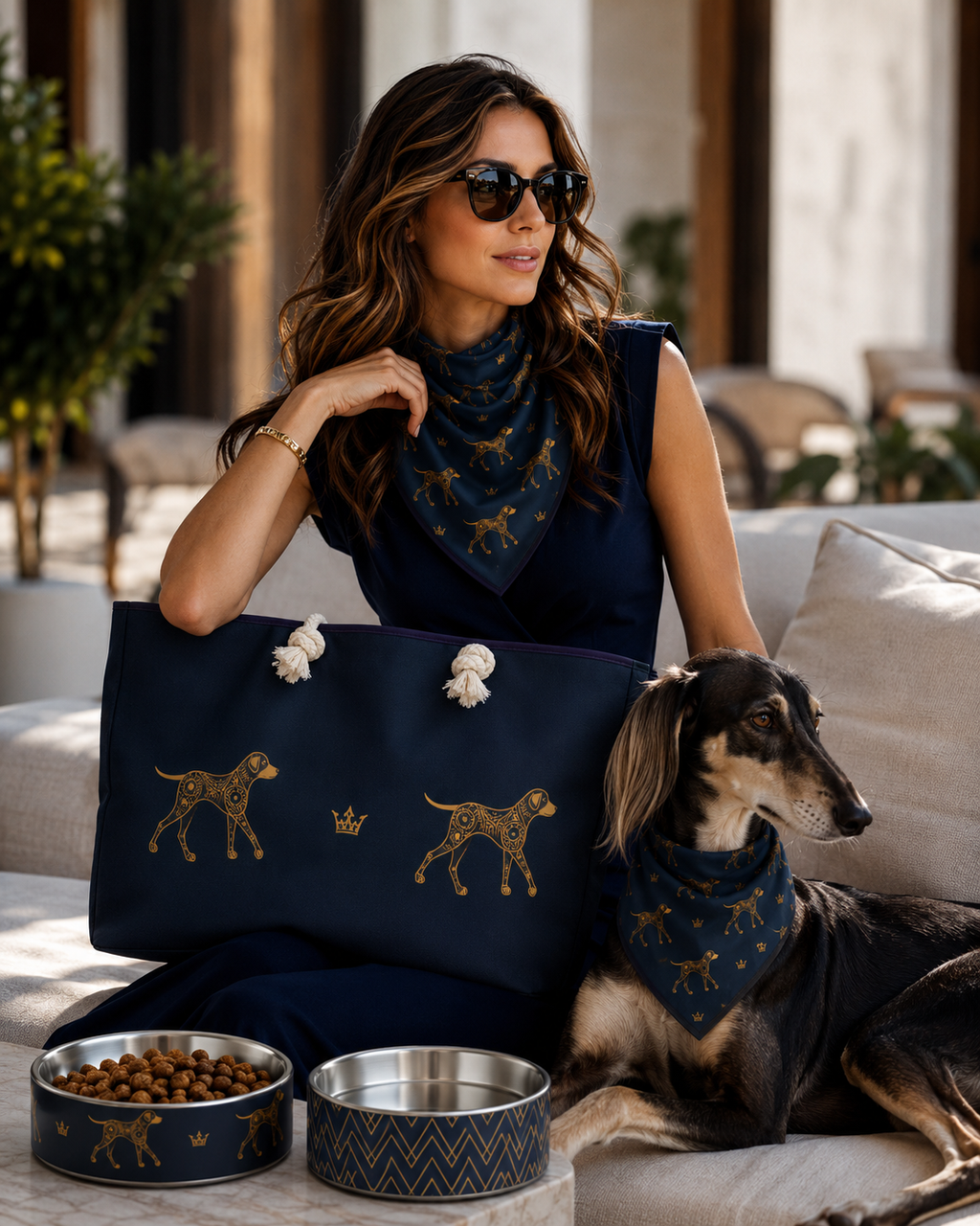 Woman with a dog wearing matching navy scarves, sitting on a patio with bowls of food.