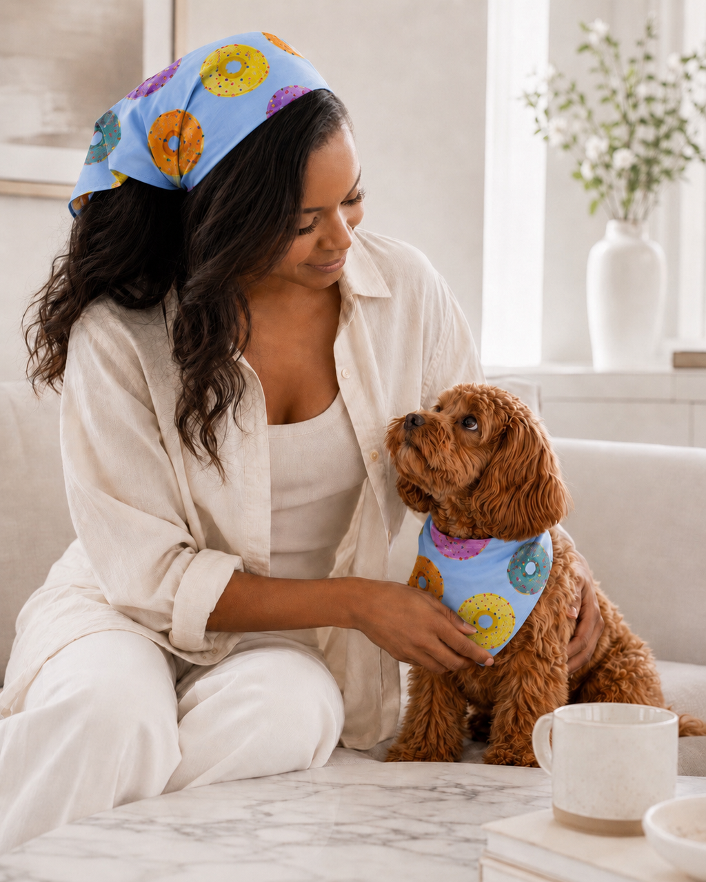 Woman wearing a colorful headband and sitting with a dog wearing a matching bandana in a cozy living room.