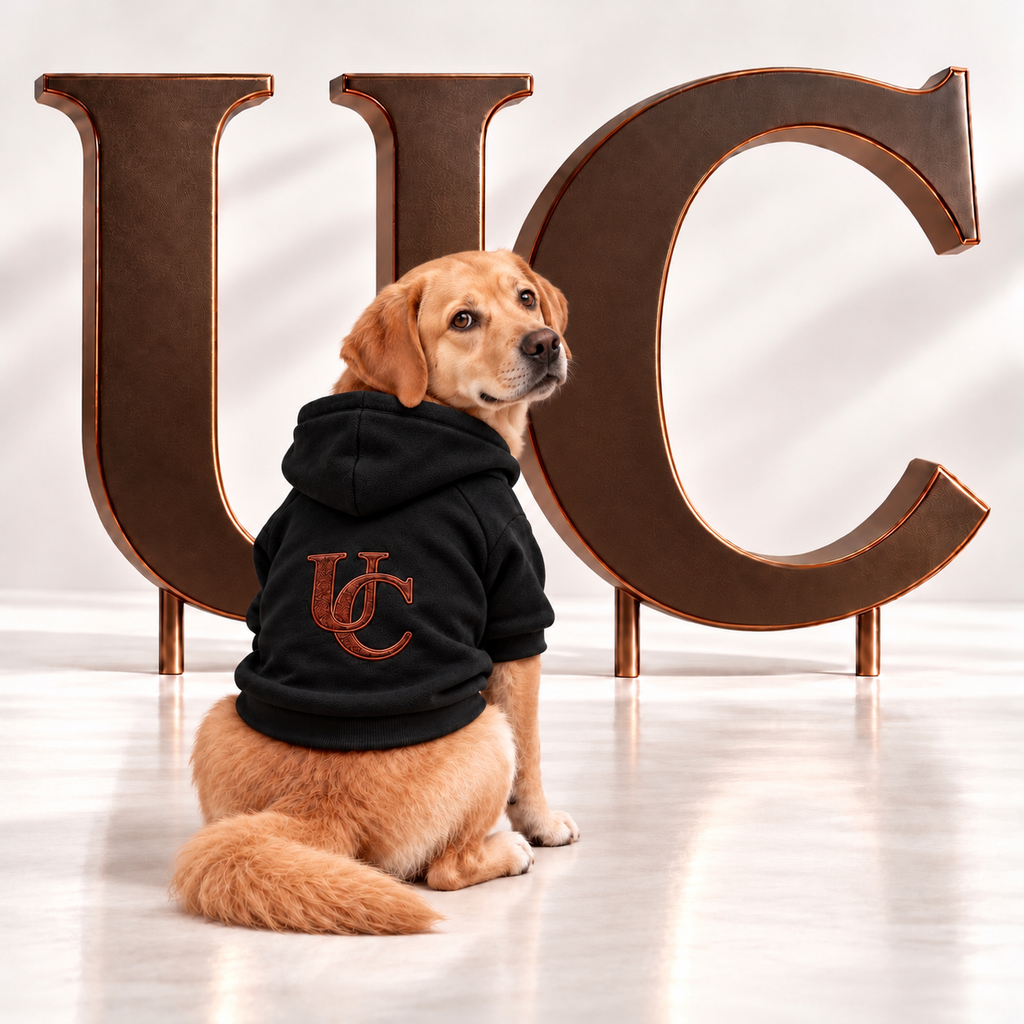 A golden retriever dog Uncommon Signature UC Monogram Dog Hoodie displayed in a luxury studio setting with oversized bronze UC letters.