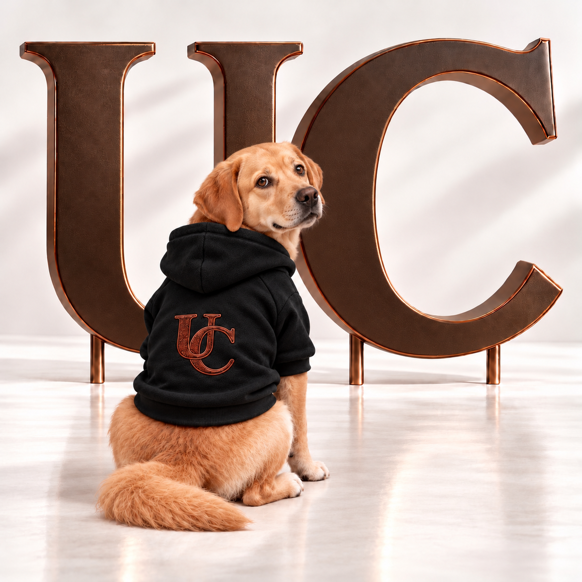 A golden retriever dog Uncommon Signature UC Monogram Dog Hoodie displayed in a luxury studio setting with oversized bronze UC letters.