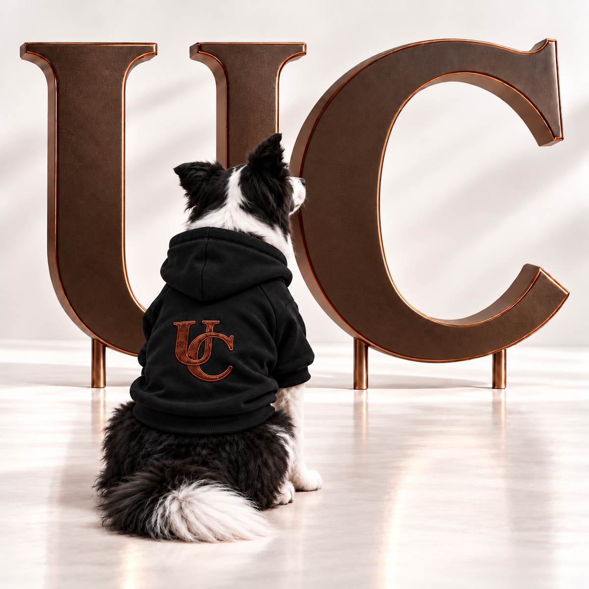 Uncommon Signature UC Monogram Dog Hoodie displayed in a studio setting with oversized bronze UC letters.