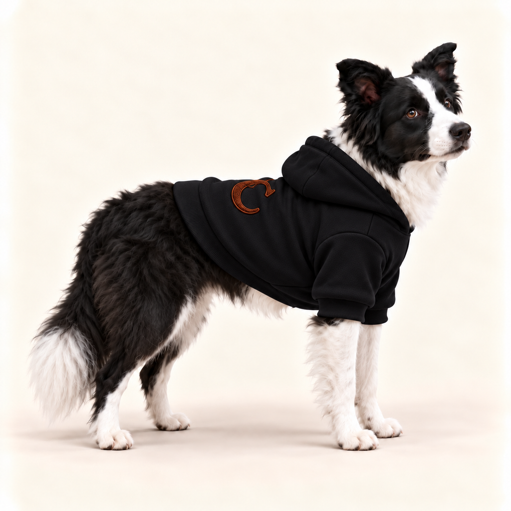 A black dog hoodie with a brown monogram 'UC', worn by a black and white dog standing against a off-white background.
