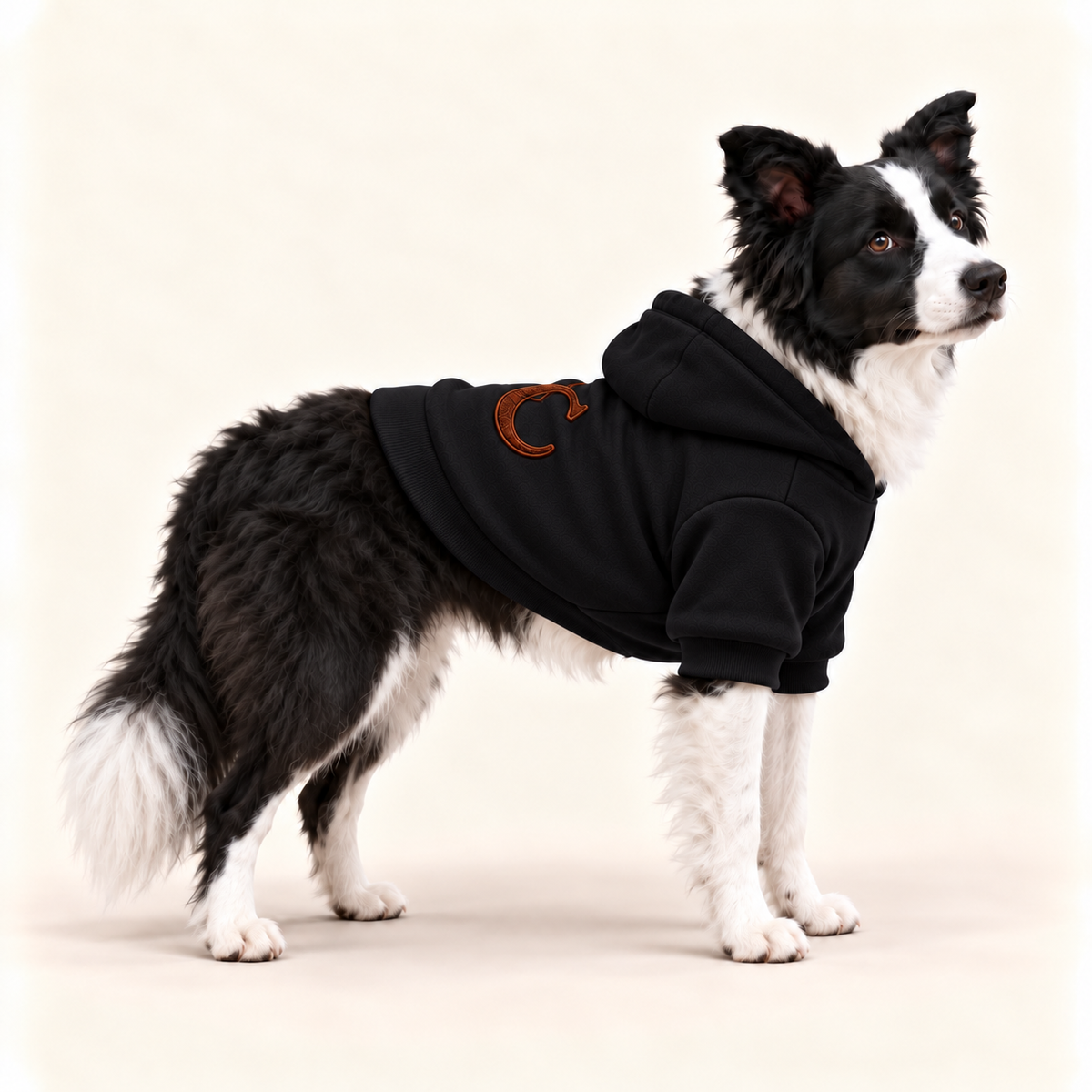 A black dog hoodie with a brown monogram 'UC', worn by a black and white dog standing against a off-white background.
