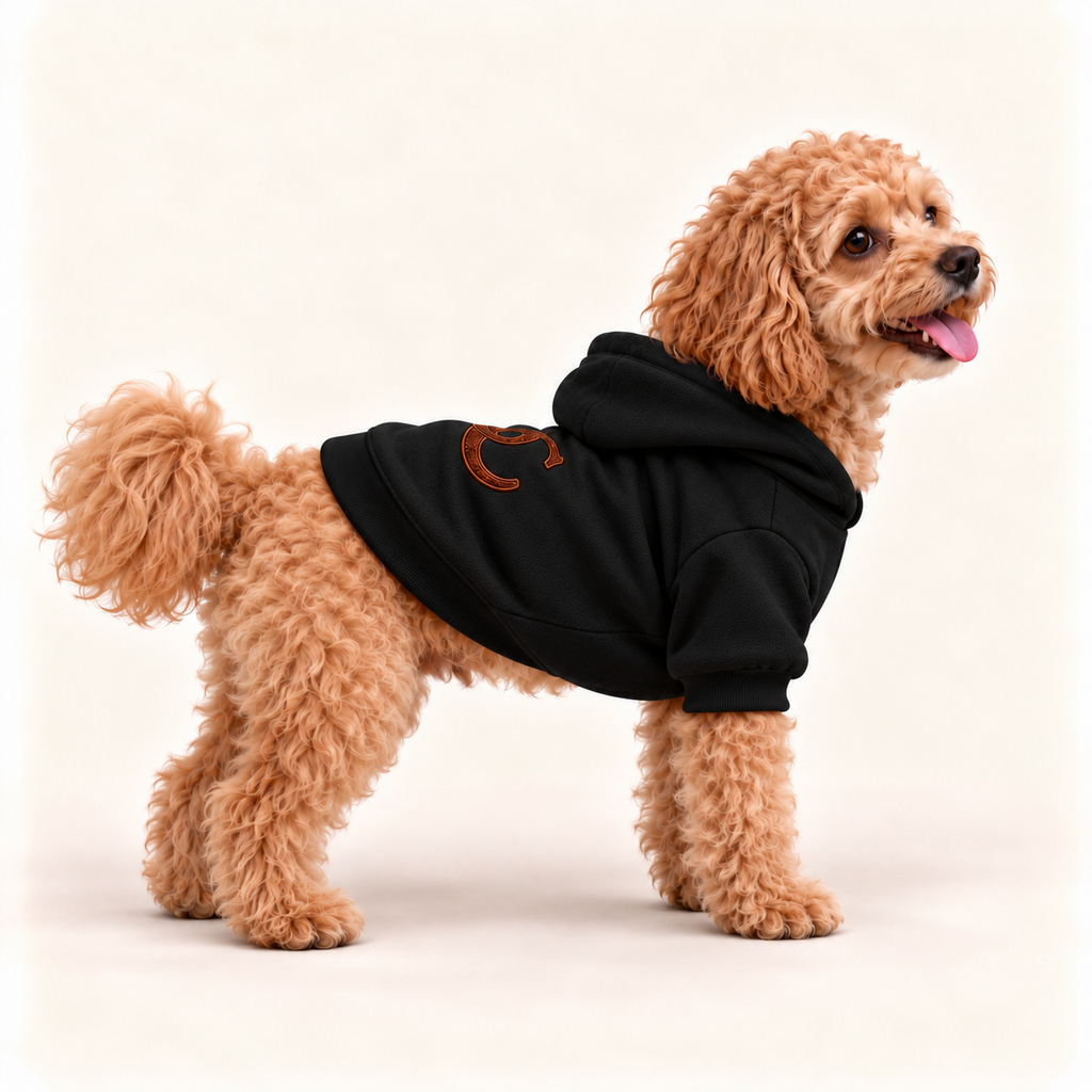 A small curly-haired tan dog wearing a black pet hoodie with a brown embroidered letter 'UC' on the back, standing against a plain off-white studio background.
