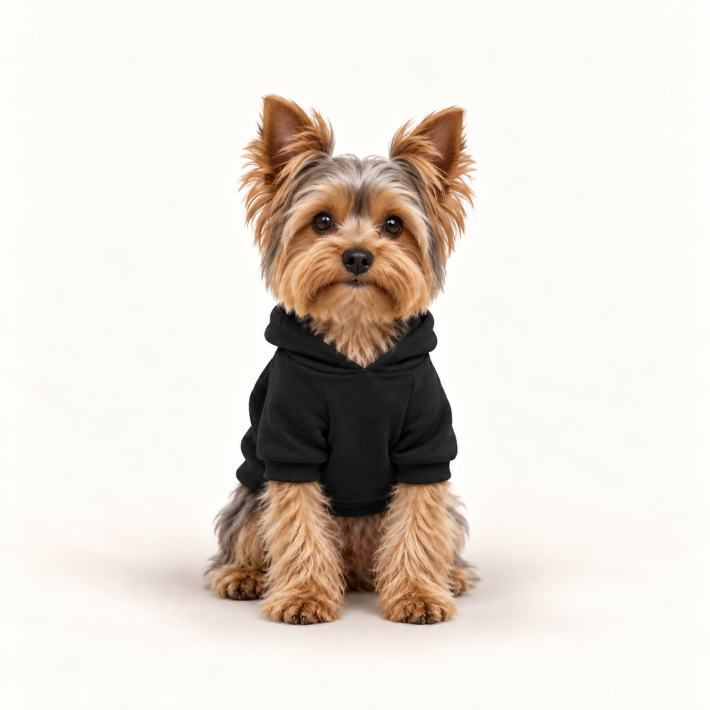 Yorkshire Terrier wearing a black UC monogram dog hoodie with dimensional brown lettering across the back, front view.