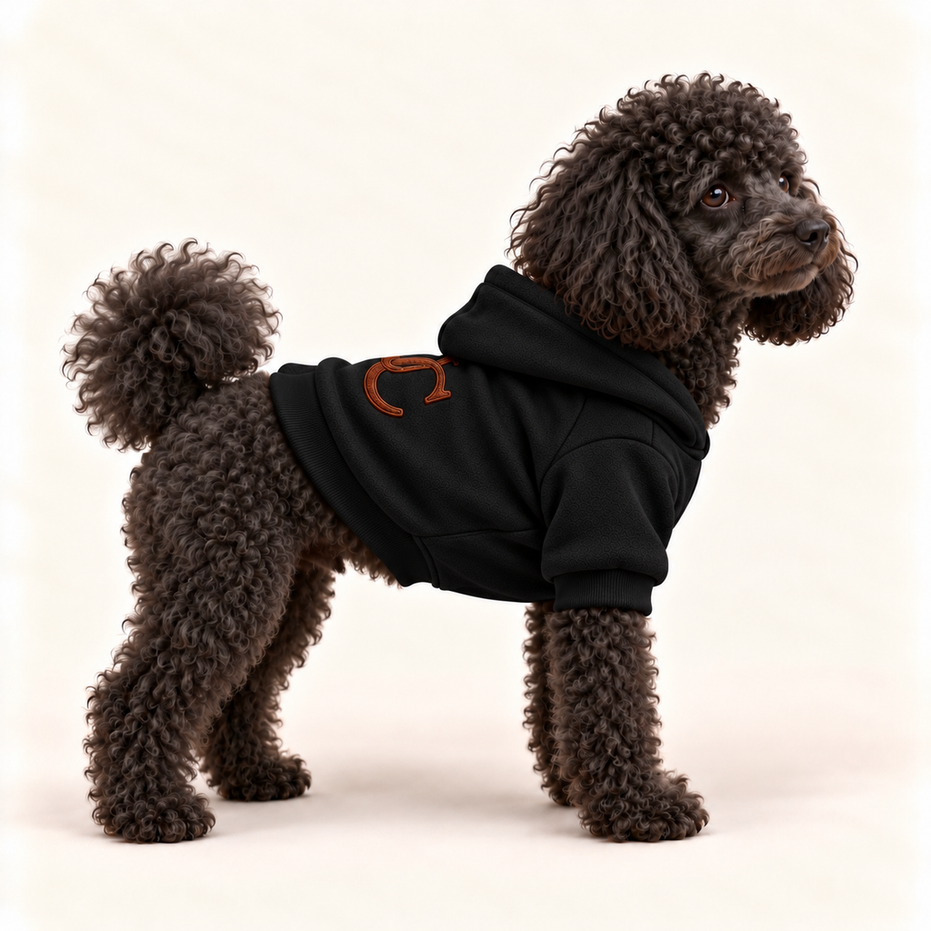 A dark brown curly-haired dog wearing a black pet hoodie with a small brown graphic on the back, standing against a plain off-white studio background.