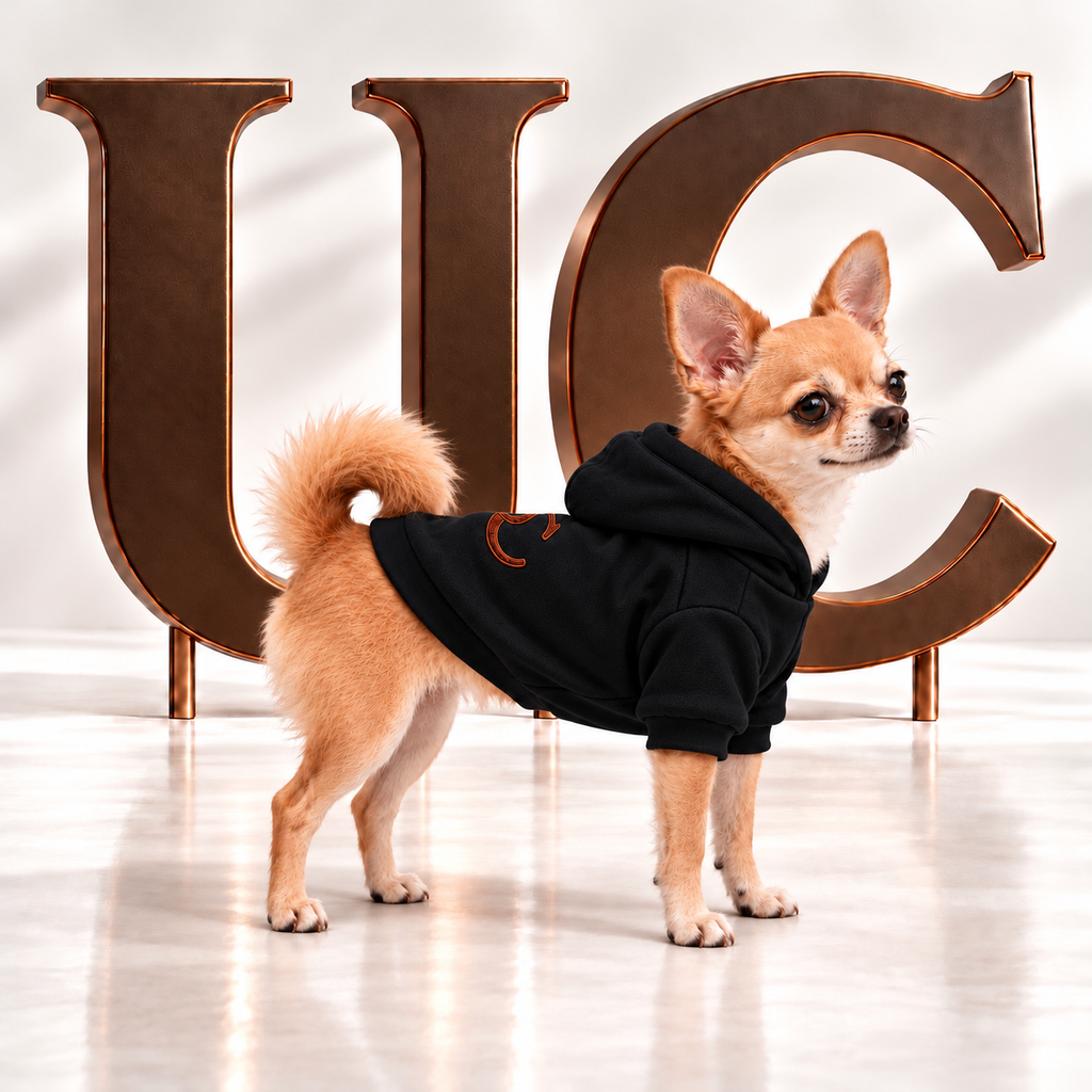 A small dog wearing Uncommon Signature UC Monogram black Dog Hoodie displayed in a luxury studio setting with oversized bronze UC letters