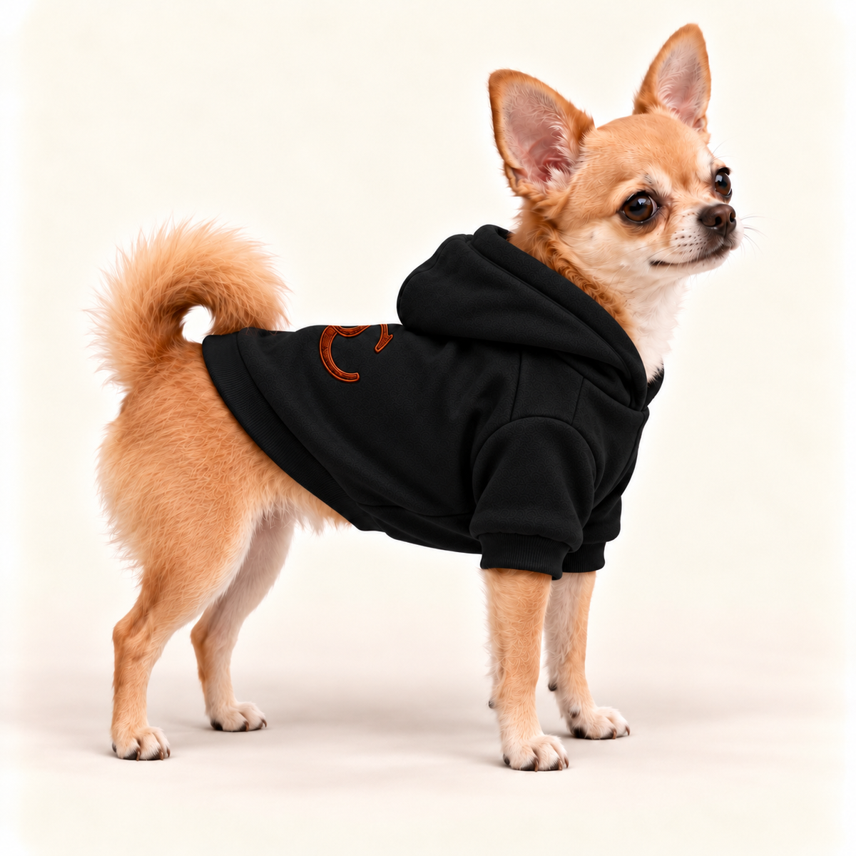 A Chihuahua modeling the Uncommon Signature black hoodie, featuring a classic pullover silhouette and comfortable ribbed cuffs.