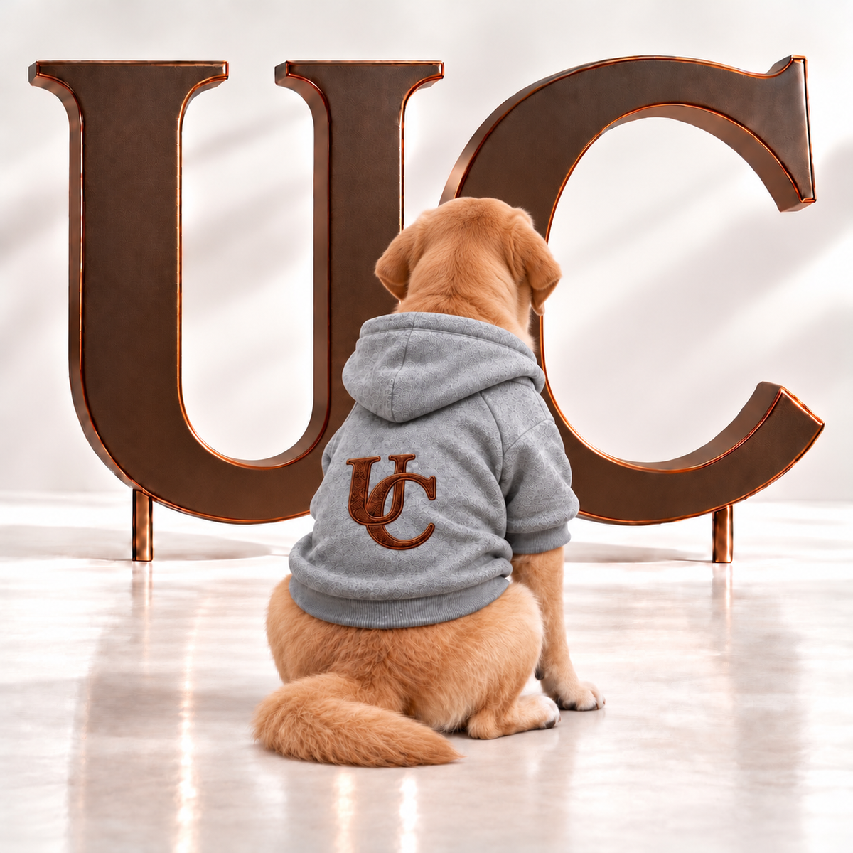 A golden retriever wear the Signature UC Monogram Dog Hoodie displayed in a luxury studio setting with oversized bronze UC letter.