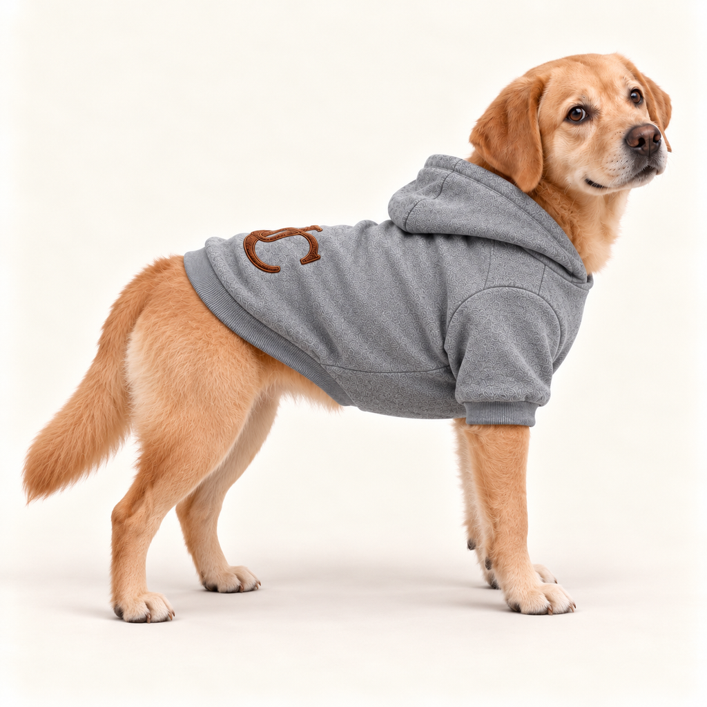 Yellow Labrador modeling a heather gray UC monogram hoodie, showing the side profile, hood, and ribbed sleeves.