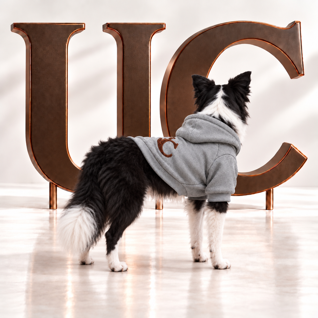 A dog wearing Uncommon Signature UC Monogram Dog Hoodie displayed in a luxury studio setting with oversized bronze UC letters.