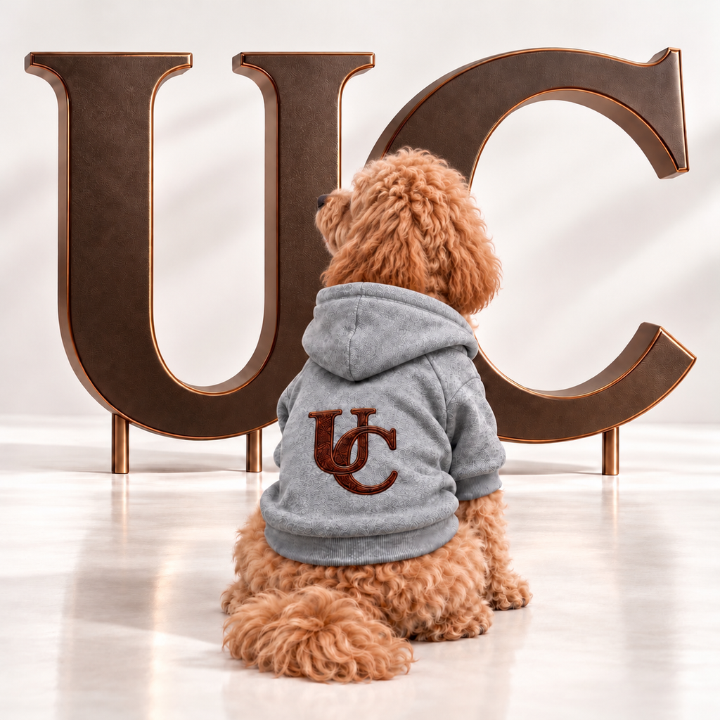 A dog sits with its back to the camera wearing a gray hoodie with a brown monogram 'UC' on the back, in front of studio letters spelling UC.