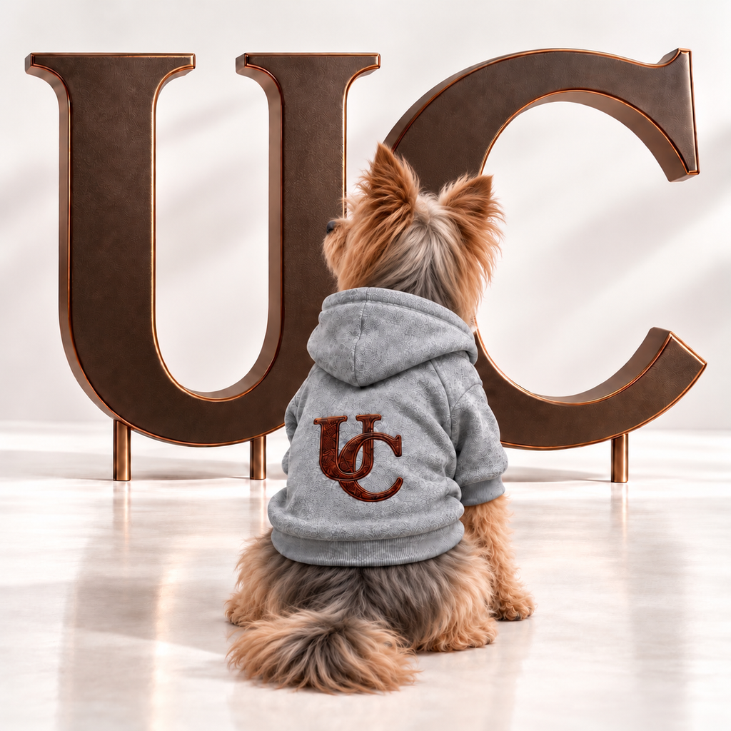 A Yorkie wearing Uncommon Signature UC Monogram Dog Hoodie displayed in a luxury studio setting with oversized bronze UC letters.