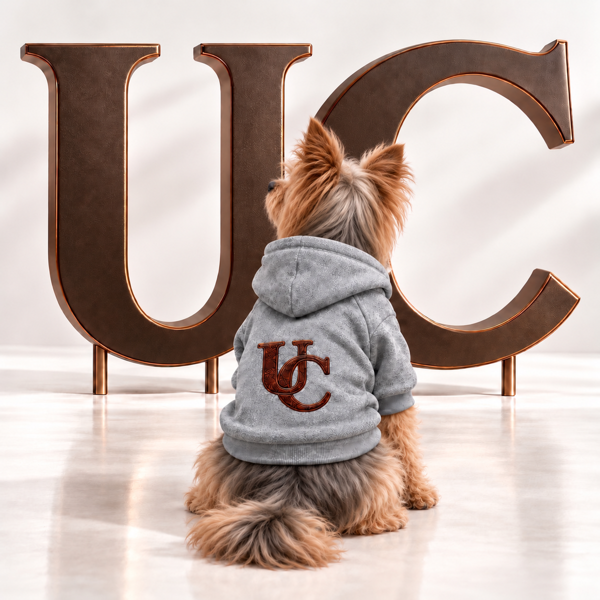 A Yorkie wearing Uncommon Signature UC Monogram Dog Hoodie displayed in a luxury studio setting with oversized bronze UC letters.