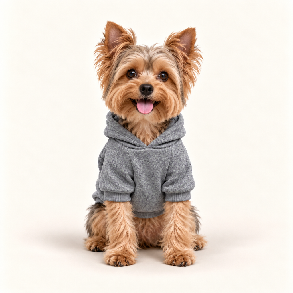 A small Yorkshire Terrier dog wearing a gray hoodie sits centered against a clean, off-white studio background.