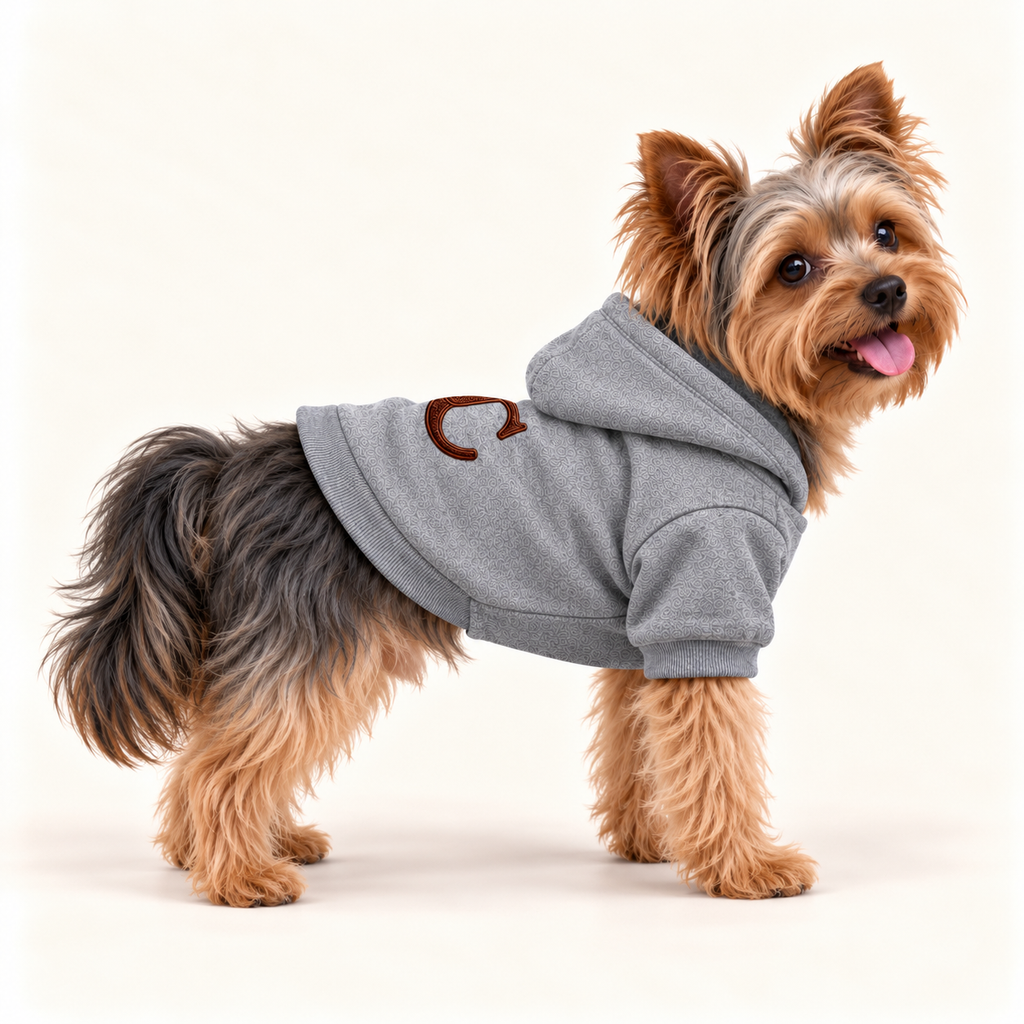 A Yorky terrier dog modeling a heather gray UC monogram hoodie, showing the right-side profile, hood, and ribbed sleeves.