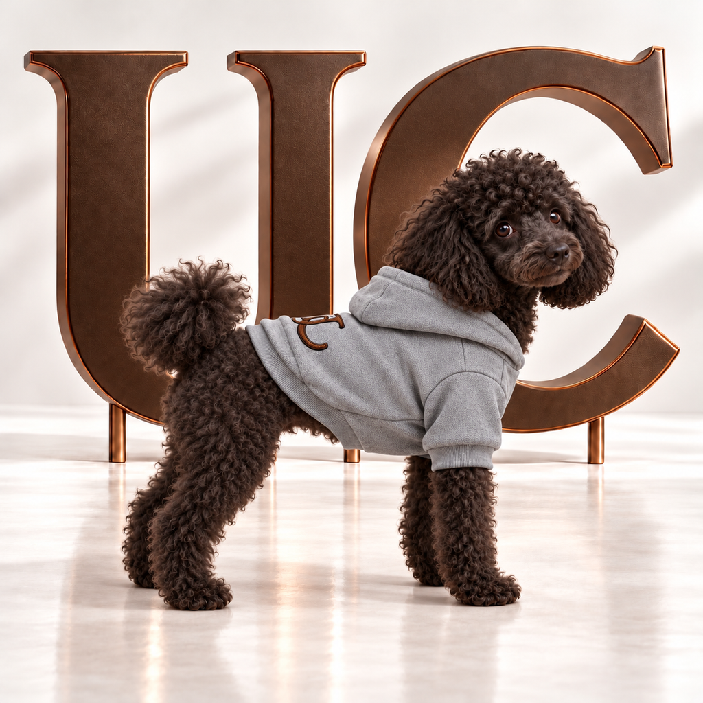 A Border Collie wear the Signature UC Monogram Dog Hoodie displayed in a luxury studio setting with oversized bronze UC letter.