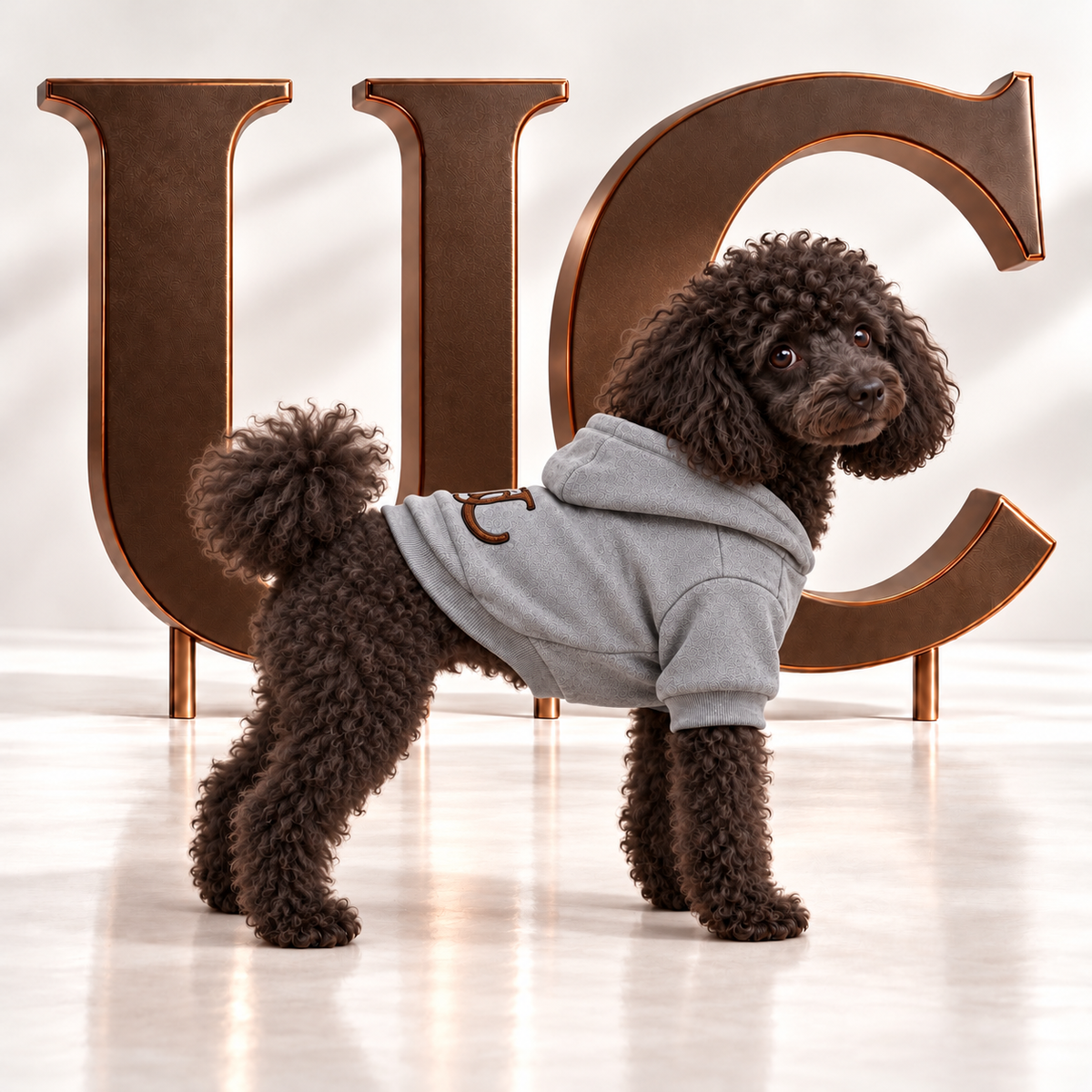 A Border Collie wear the Signature UC Monogram Dog Hoodie displayed in a luxury studio setting with oversized bronze UC letter.