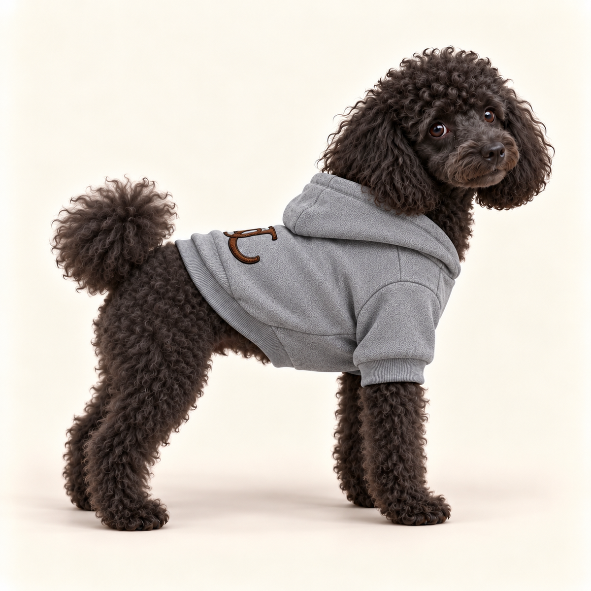 A black poodle wearing a light gray fitted hoodie, standing in profile against a warm off-white studio background.