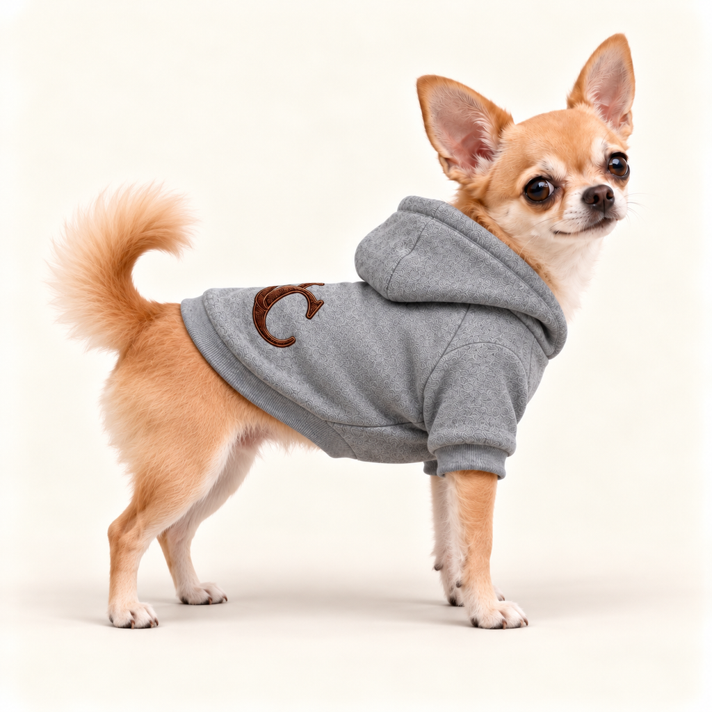 A Chihuahua modeling a heather gray UC monogram hoodie, showing the right-side profile, hood, and ribbed sleeves.