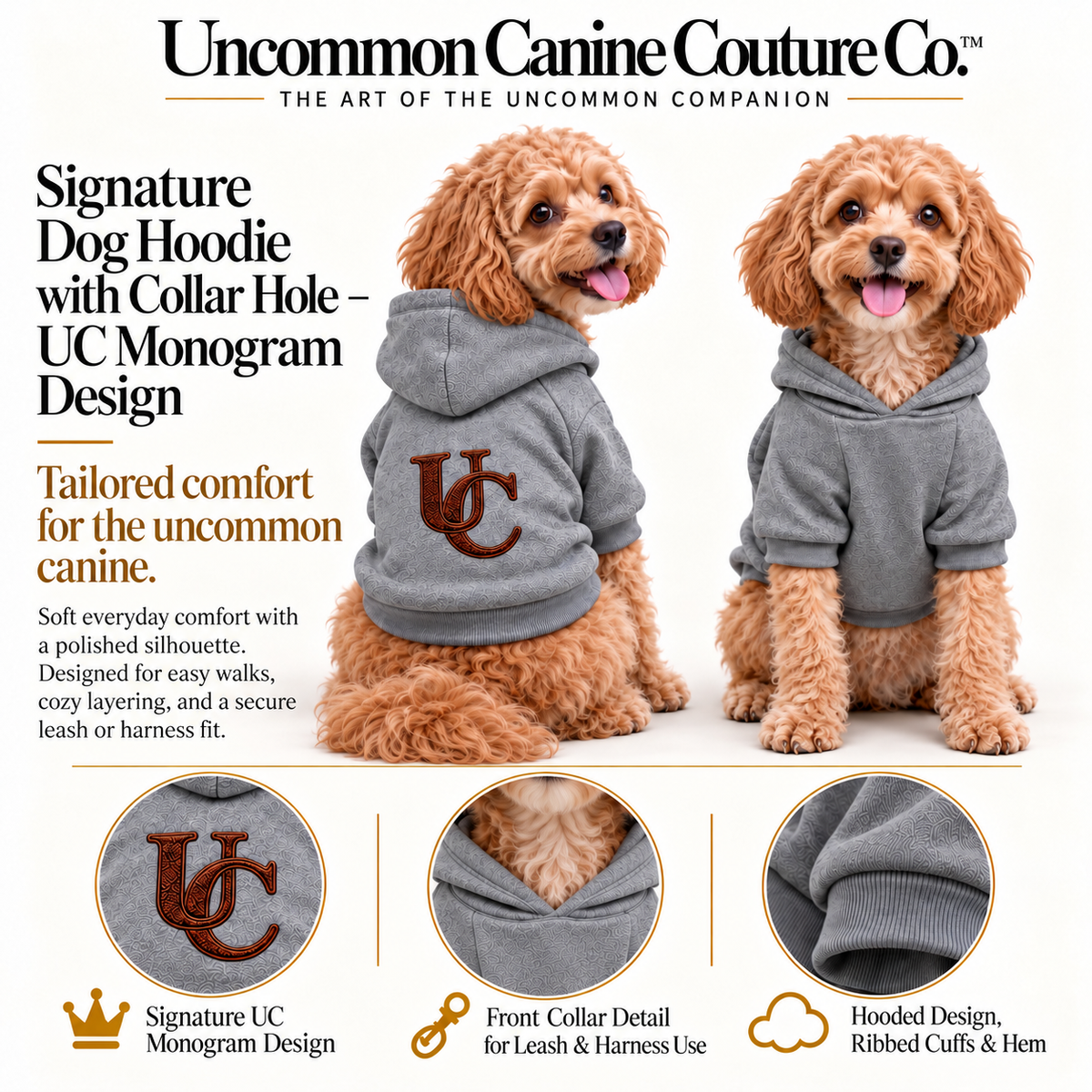 Two dogs wearing Signature UC Monogram gray hoodies three circular insets showing the front and back design, hood, leash hole, and ribbed cuffs.