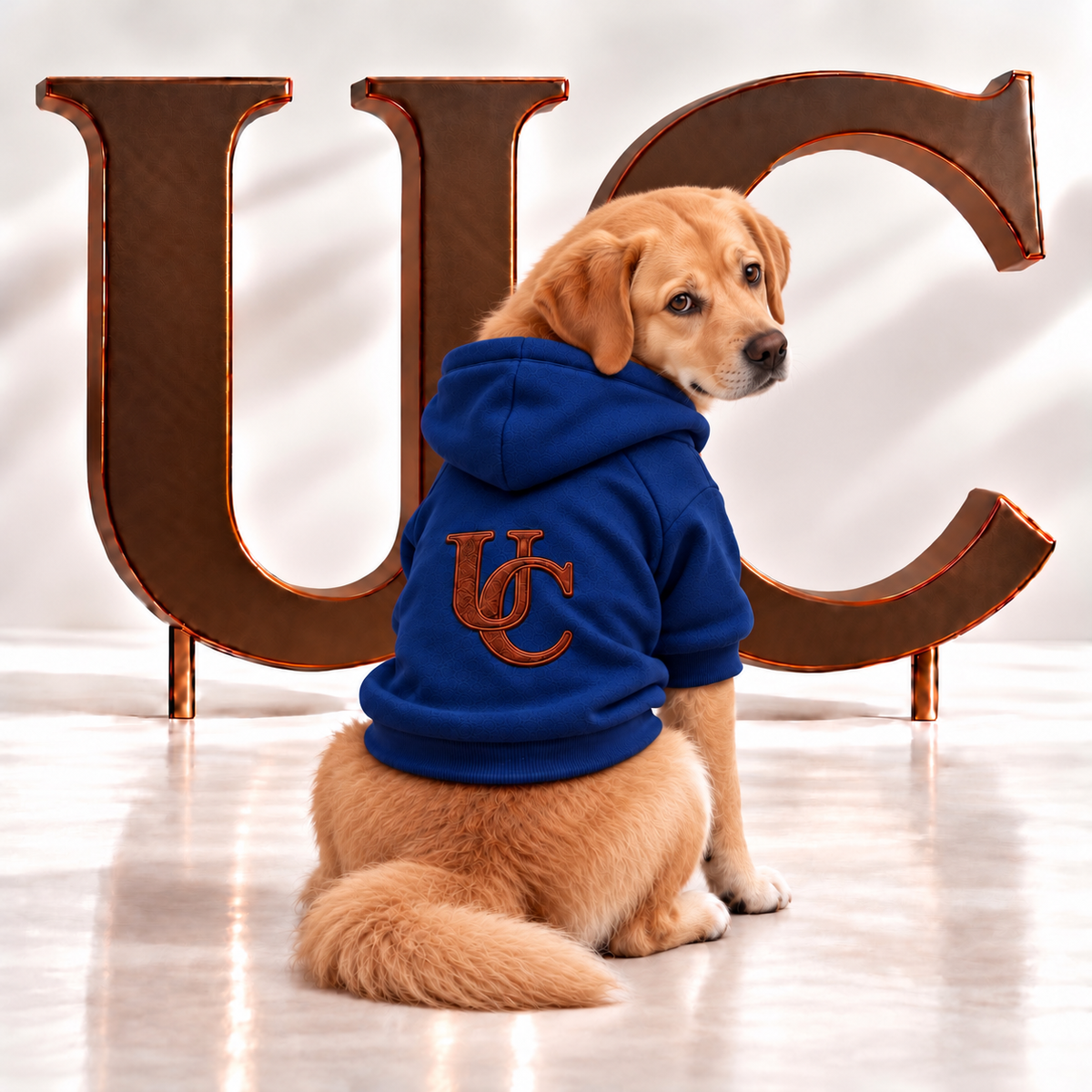 A Labrador Retriever wearing Uncommon Signature UC Monogram blue Dog Hoodie displayed in a luxury studio setting with oversized bronze UC letters.