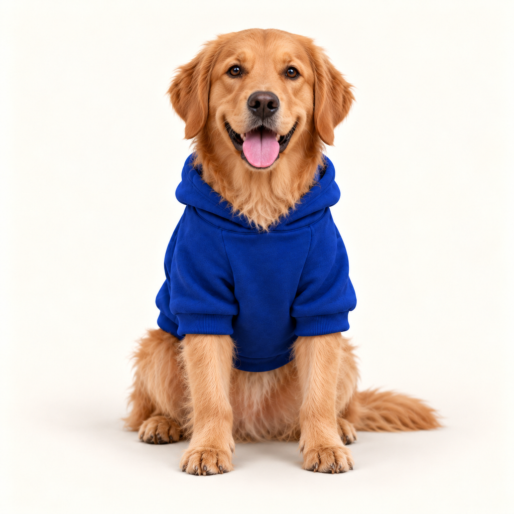 A golden retriever dog wearing a blue hoodie sits centered against a clean white studio background.
