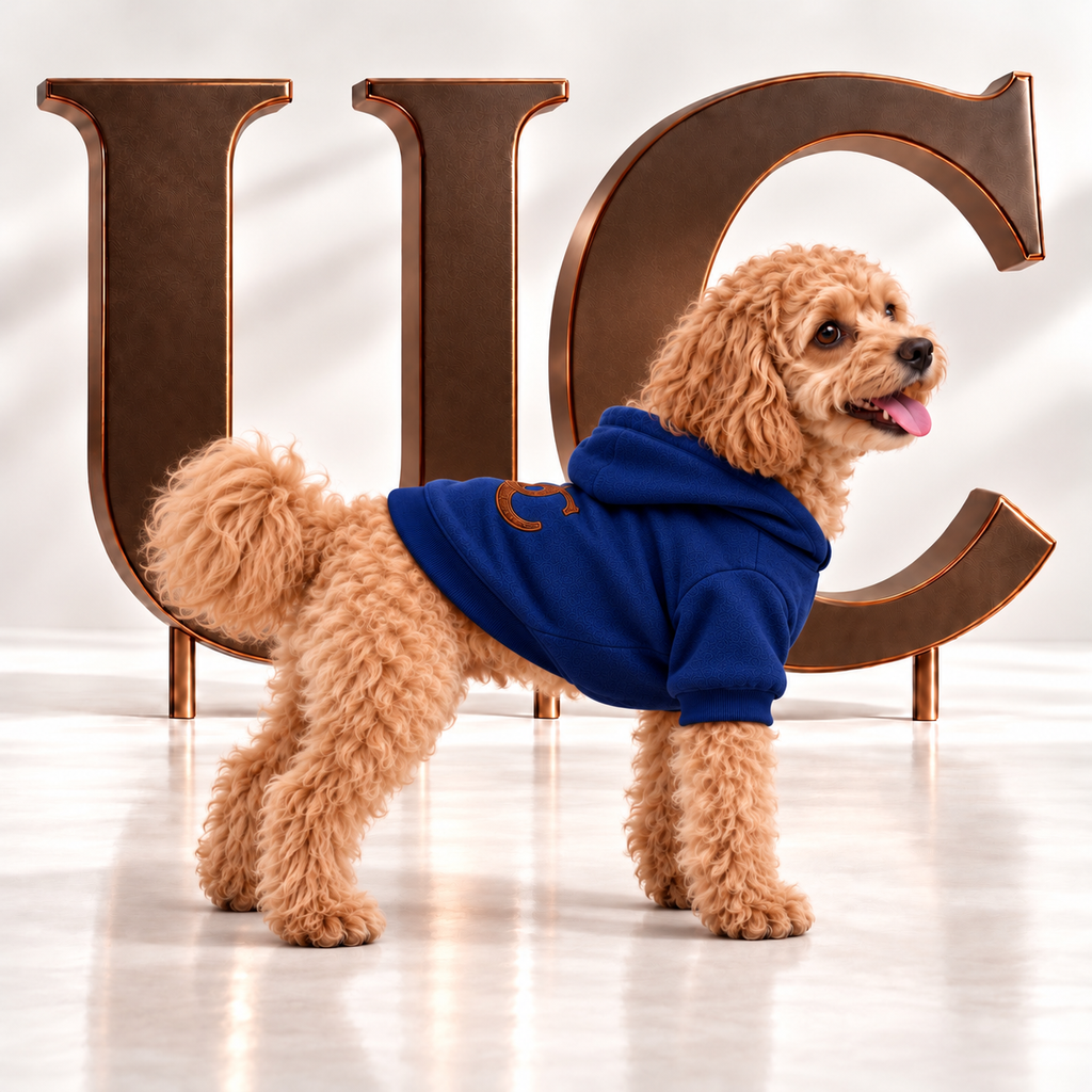 A Cavapoo wearing Uncommon Signature UC Monogram Navy Dog Hoodie displayed in a luxury studio setting with oversized bronze UC letters