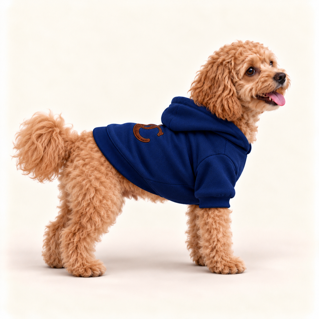Cavapoo modeling the Uncommon Signature blue dog hoodie with a comfortable pullover fit and ribbed sleeves, side view.