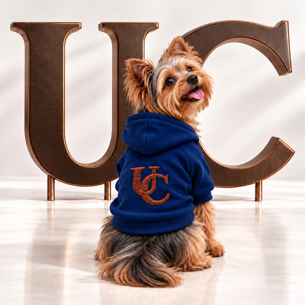 A Yorkie Terrier wearing Uncommon Signature UC Monogram Dog Hoodie displayed in a luxury studio setting with oversized bronze UC letters