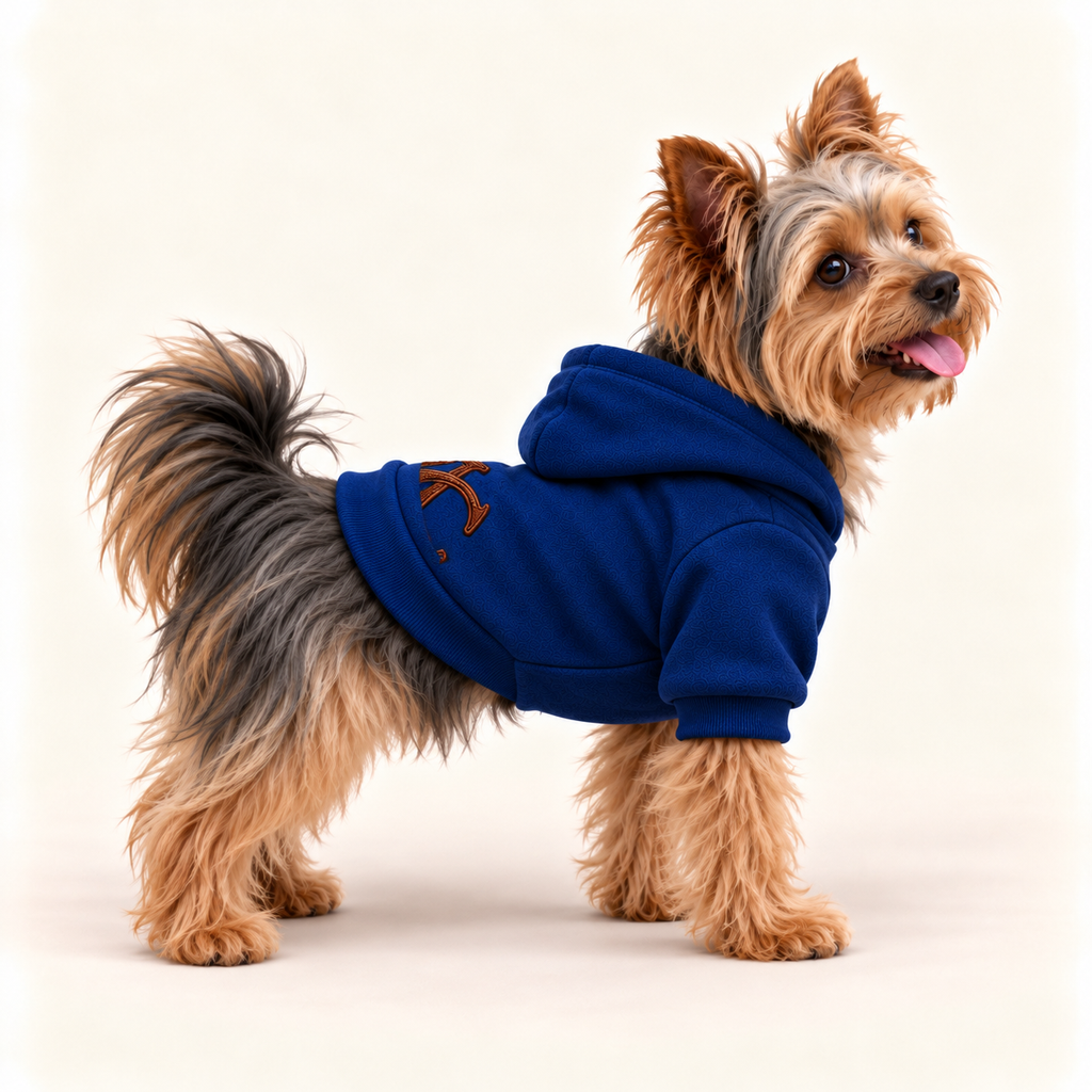 A small Yorkshire Terrier dog wearing a team royal hoodie, standing in profile against a plain off-white studio background.