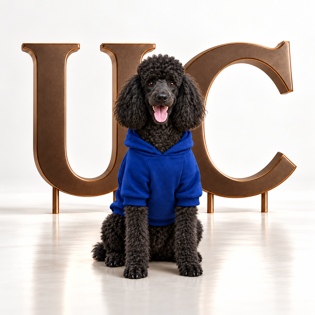 A Poodle wearing Uncommon Signature UC Monogram Navy Dog Hoodie displayed in a luxury studio setting with oversized bronze UC letters