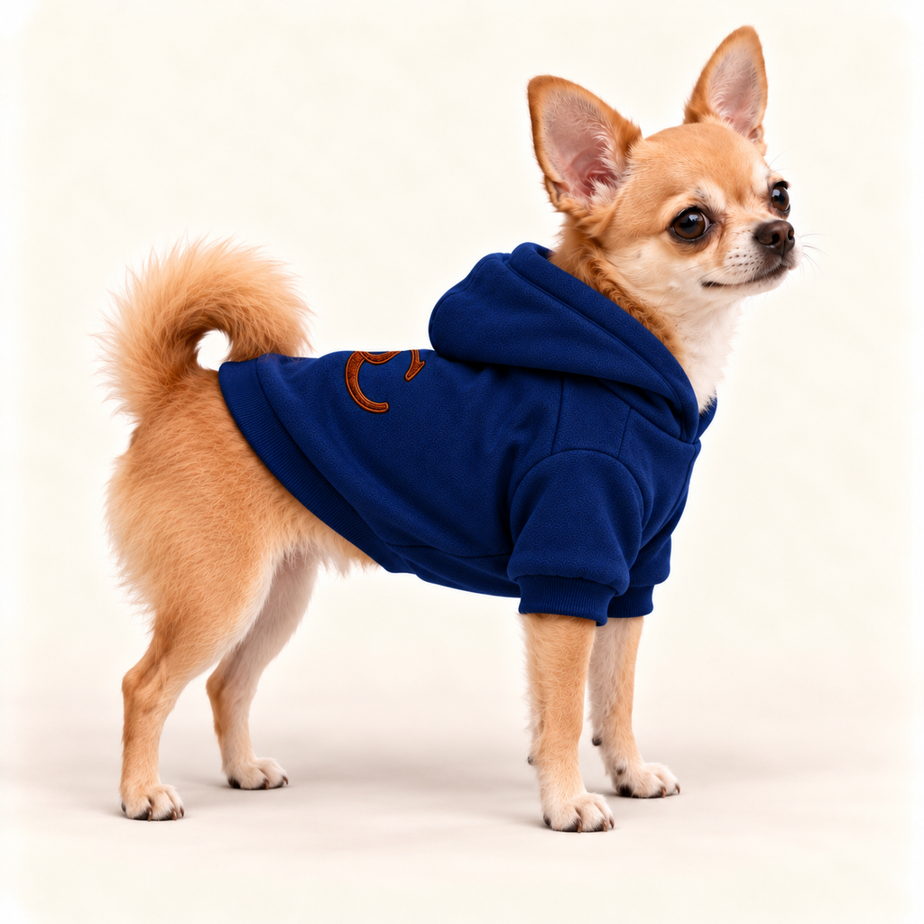 A Chihuahua dog wearing a team royal dog hoodie with a small brown graphic on the back side, standing against a off-white background.