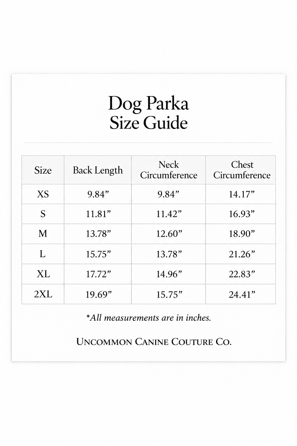 A size guide table for dog parkas from Uncommon Canine Couture Co., showing sizes XS through 2XL with back length, neck circumference, and chest circumference measurements in inches.