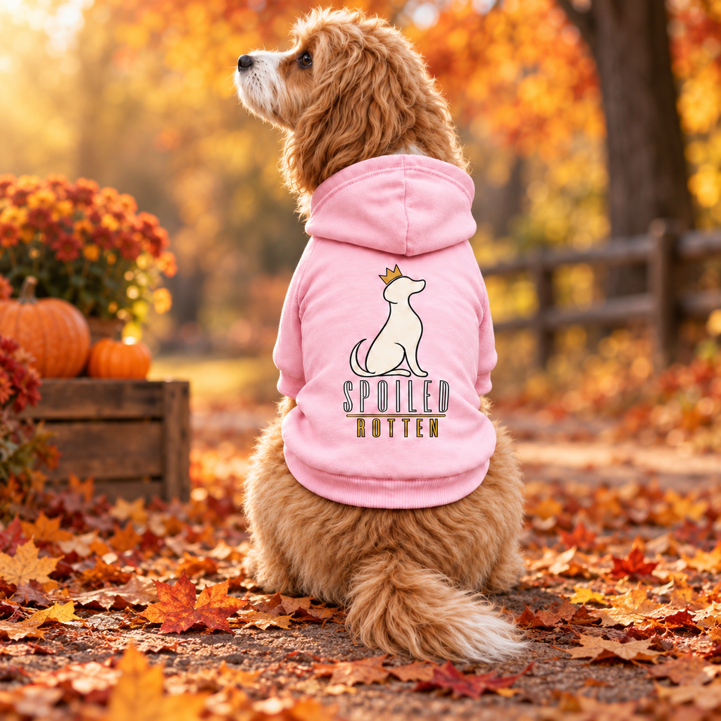 A small dog wearing a pink hoodie with a white dog graphic and the words 'SPOILED ROTTEN' .The background shows fallen leaves.