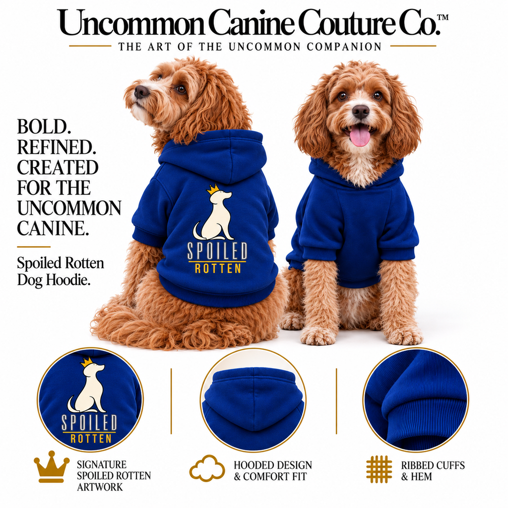 Two dogs wearing ‘Spoiled Rotten’ blue hoodies three circular insets showing the front and back design, hood, and ribbed cuffs.