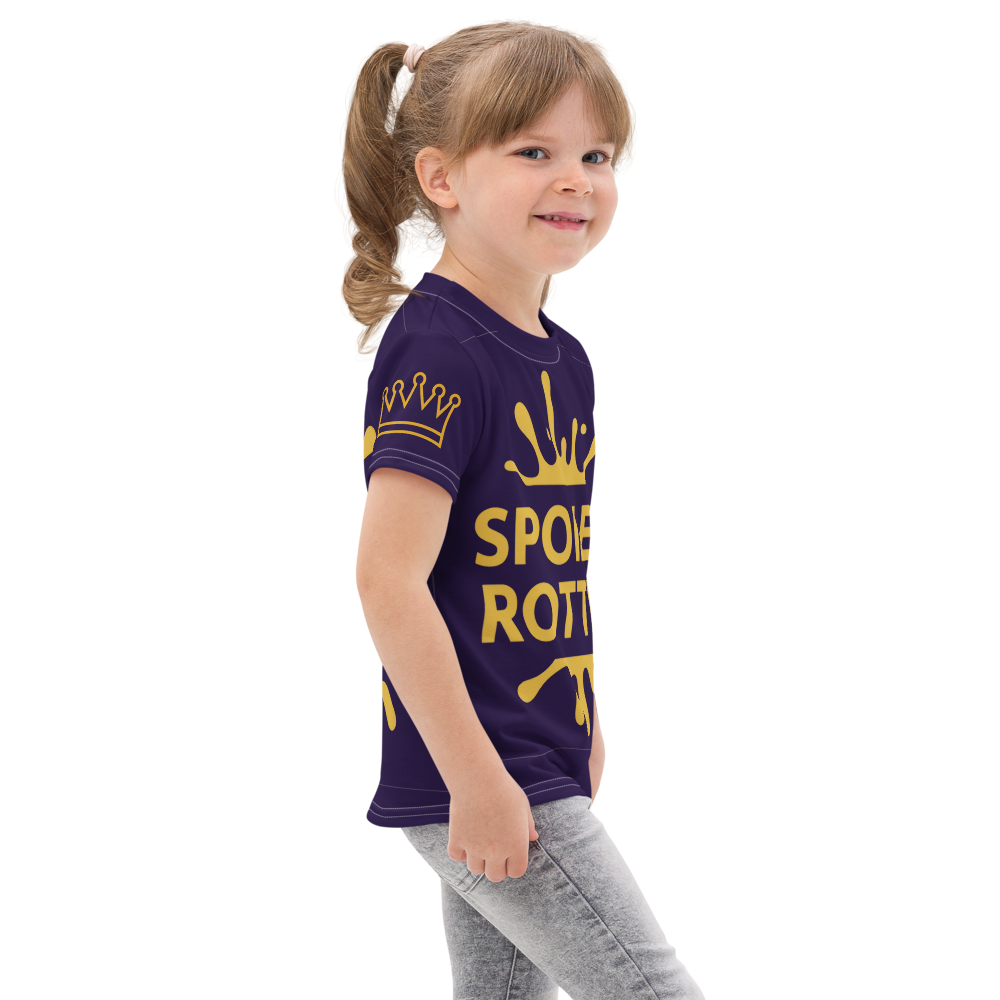 Child wearing a blue t-shirt with yellow text and graphics on a white background