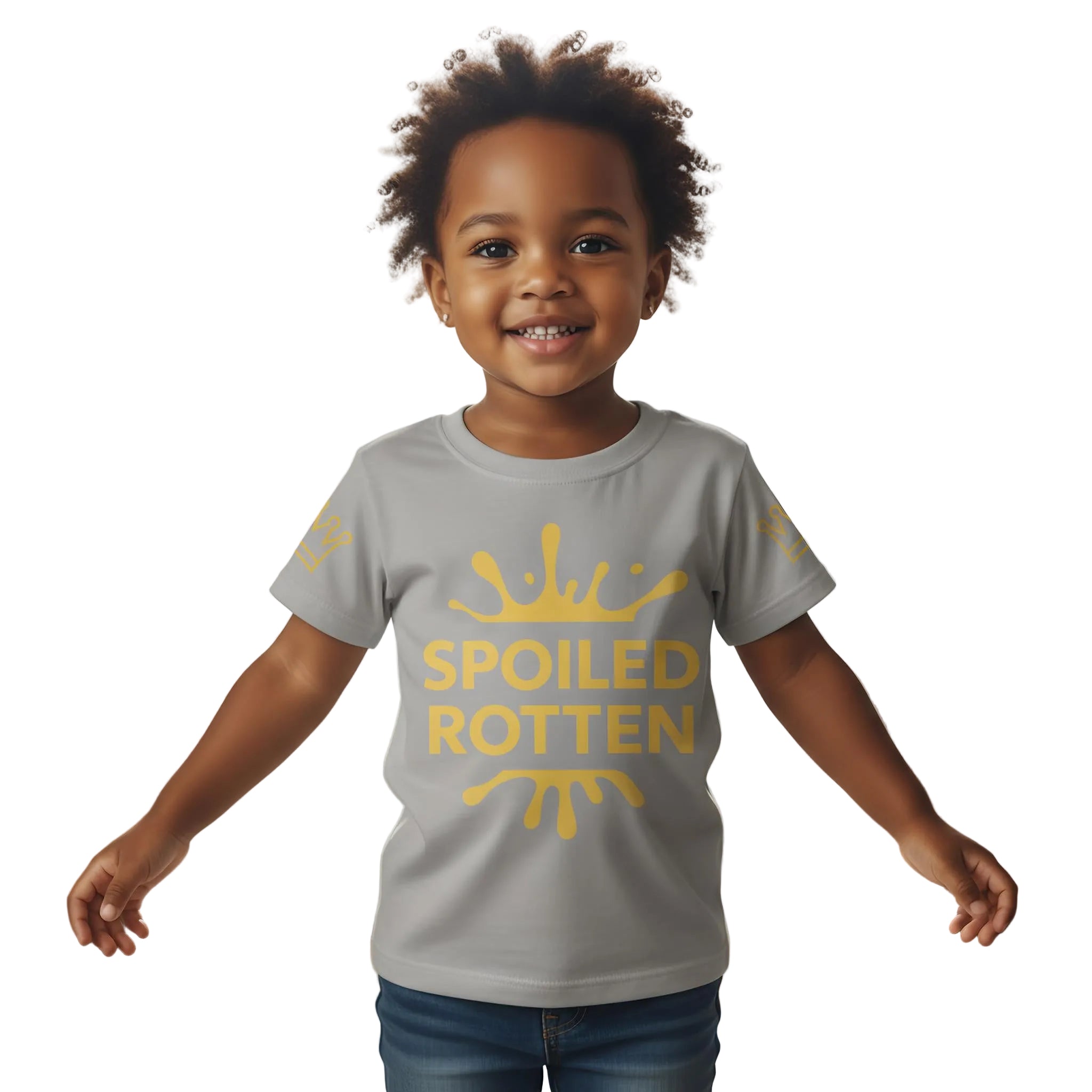 Child wearing a gray t-shirt with 'SPOILED ROTTEN' in yellow, white back ground