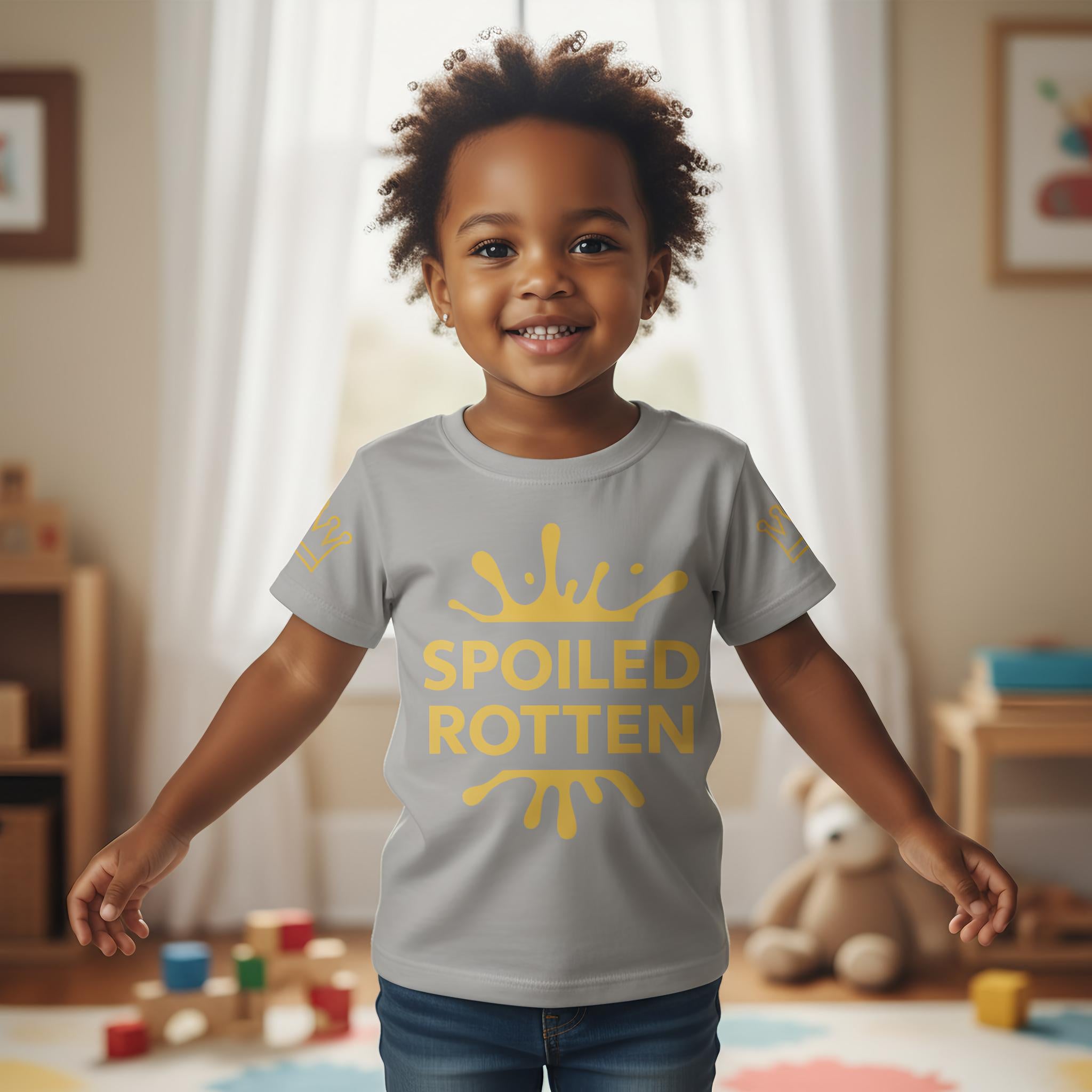 Child wearing a gray t-shirt with 'SPOILED ROTTEN' in gold, standing in a room with toys and a teddy bear size 2t.