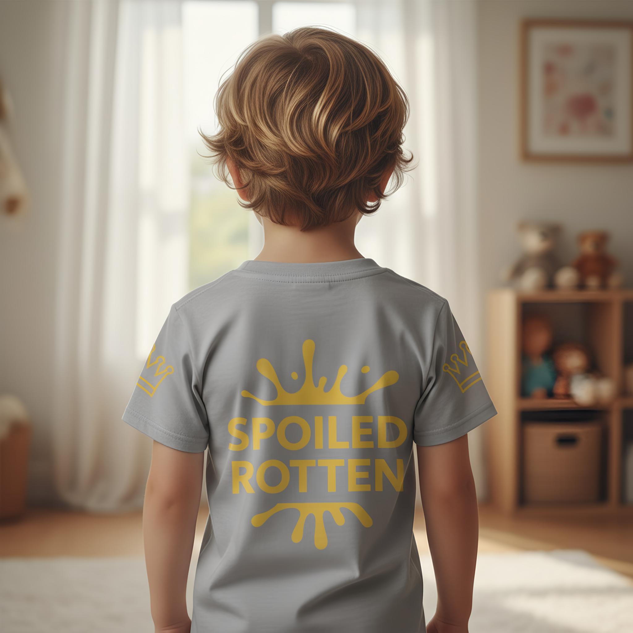 Child wearing a gray unisex t-shirt with 'Spoiled Rotten' in gold text, standing in a room with toys and a window, size 2t
