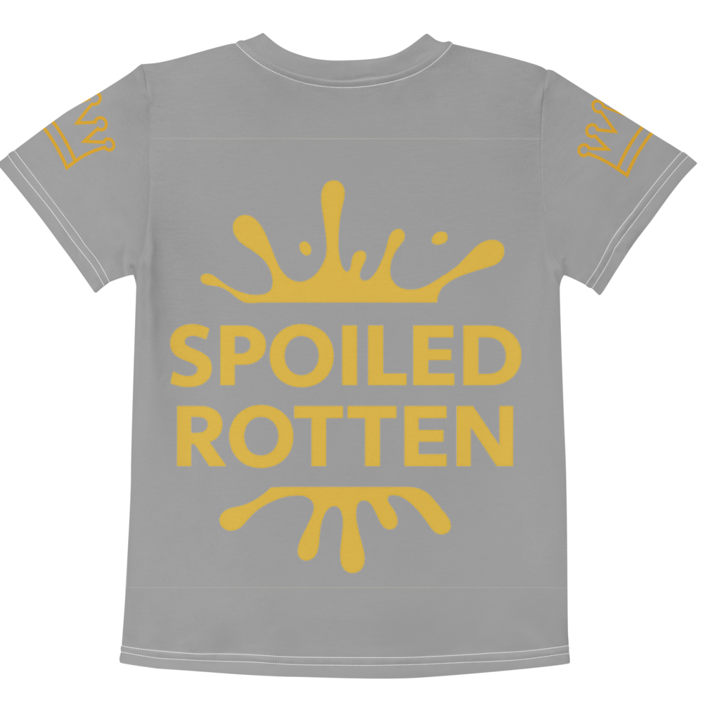Gray t-shirt with 'Spoiled Rotten' text and splash and crown design in gold on both sleeves. Size 5t back view. By Uncommone Canine Couture Co. 