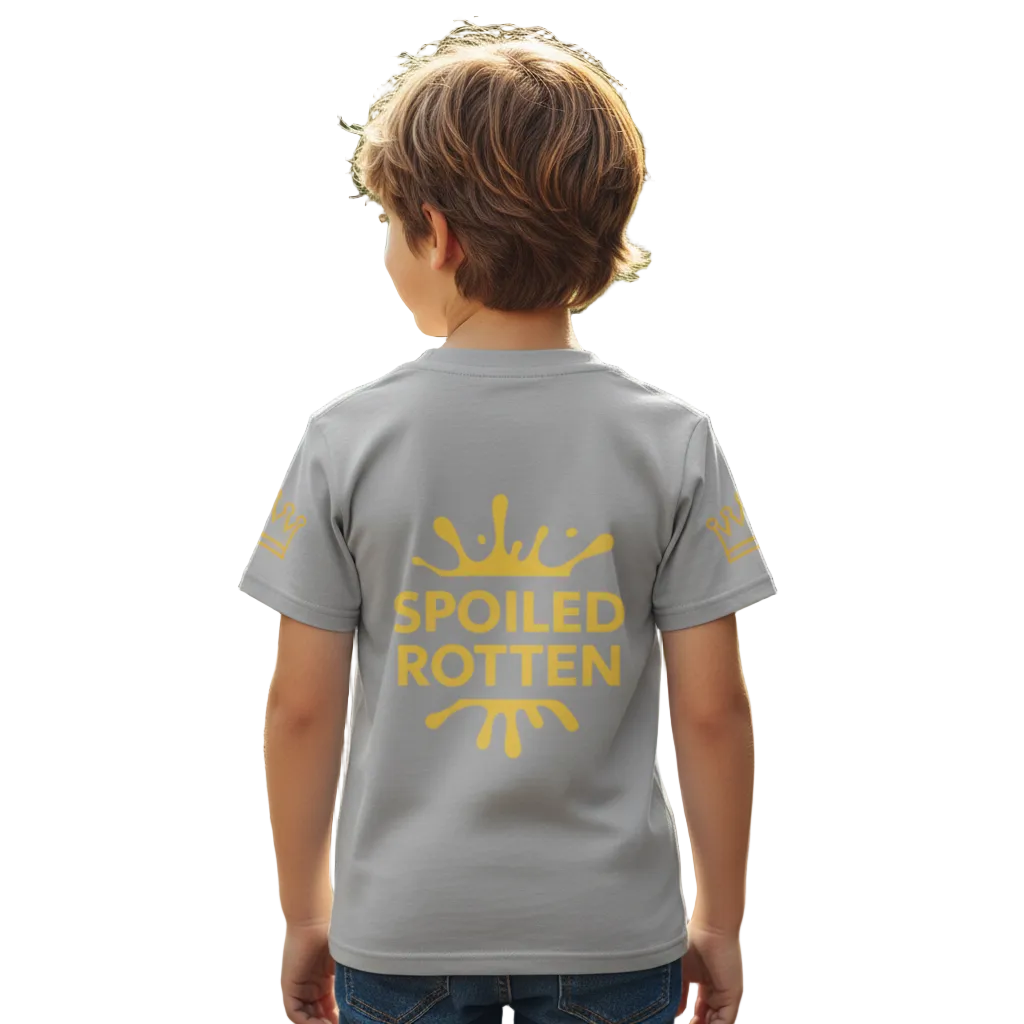 Child wearing a gray t-shirt with 'Spoiled Rotten' in gold on the back