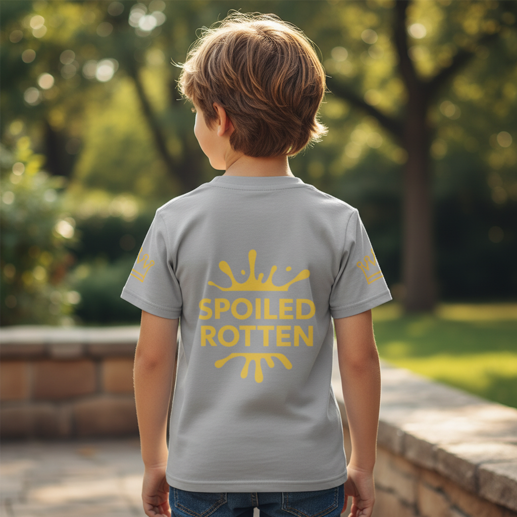Boy wearing an unisex Gray and gold Spoike Rotten Kids T-Shirt, size 6x, front view, standing outdoors, by Uncommon Canine Couture Co.