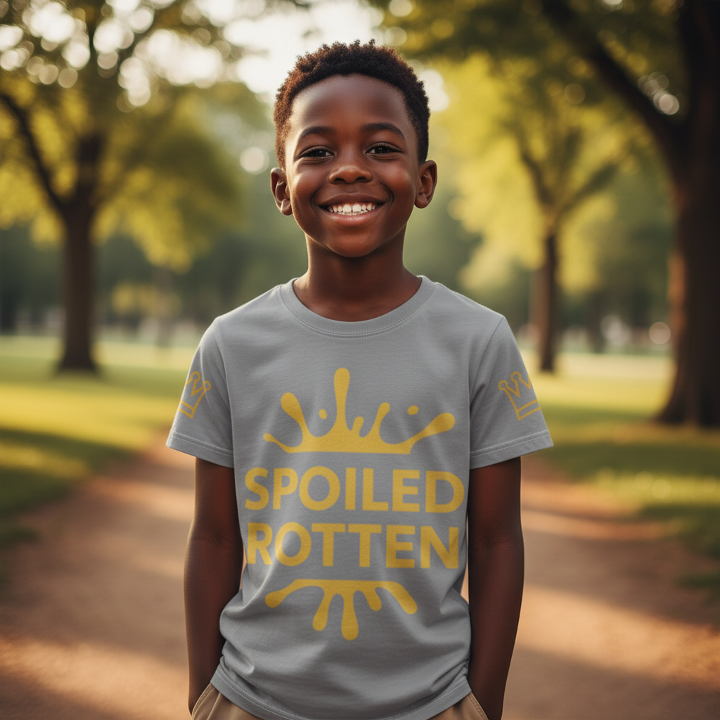 Boy wearing an unisex Gray and gold Spoike Rotten Kids T-Shirt, size 6x, front view by Uncommon Canine Couture Co.